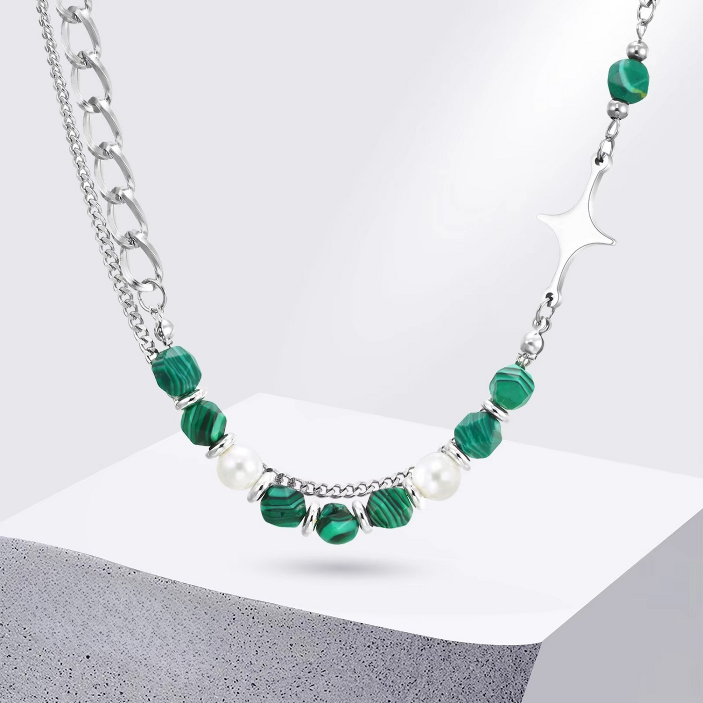 Edelstahl Halskette "Perline di pietra naturale verde no.4247" - PITANI