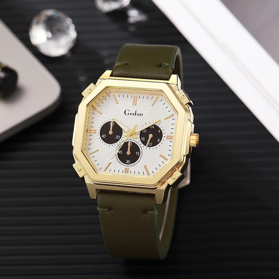 Achteckige Leder Armbanduhr