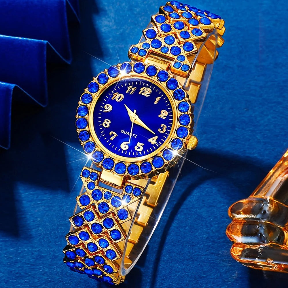 6-teiliges blaues Glitzer Uhren-Schmuckset „Quarzo Con Strass Di Lusso No.6826“ - PITANI