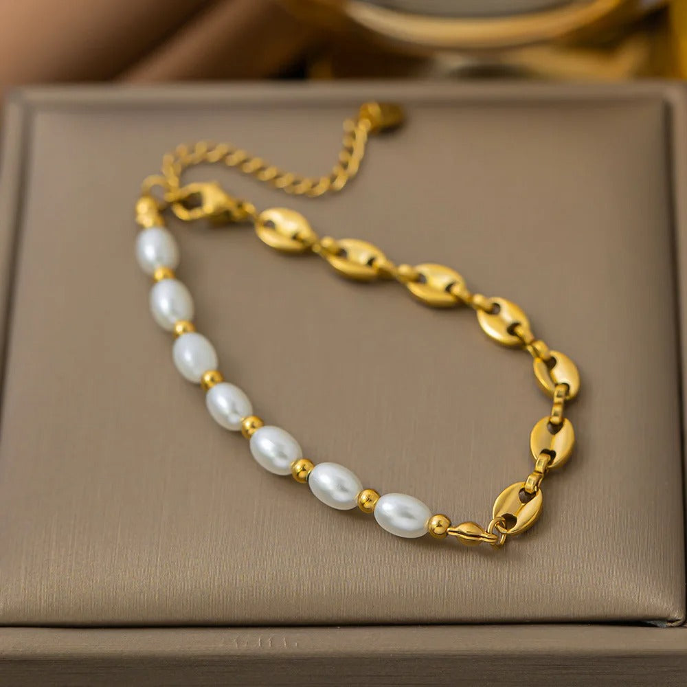Edelstahl Armband mit Halb Perlen, halb Stahlform "Ciondolo Con Cuciture Di Perle no.5307" - PITANI