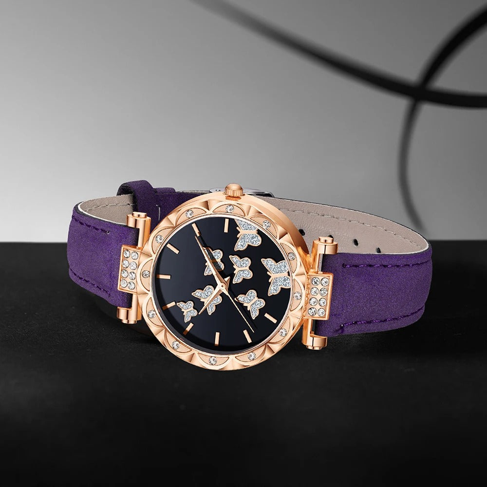 5-teiliges Lila Schmetterling Uhren-Schmuckset „Imposta La Tendenza Della Moda No.6828“ - PITANI