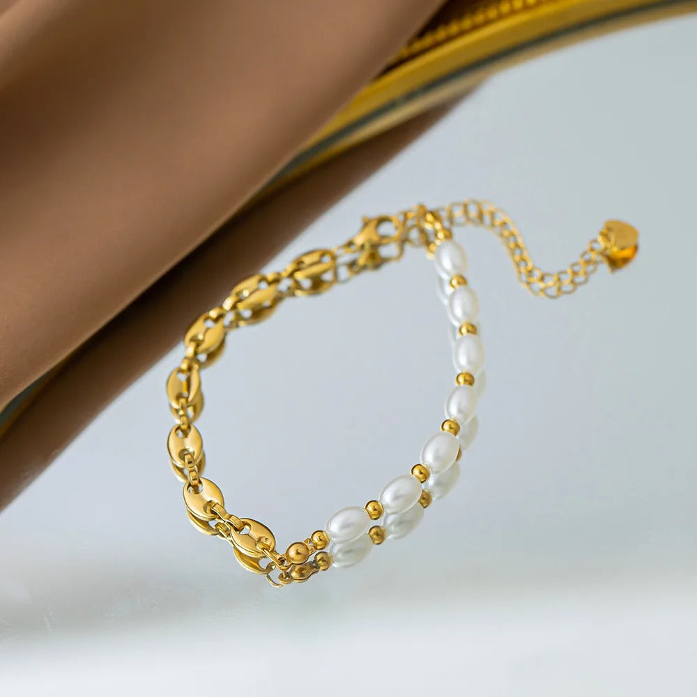 Edelstahl Armband mit Halb Perlen, halb Stahlform "Ciondolo Con Cuciture Di Perle no.5307" - PITANI