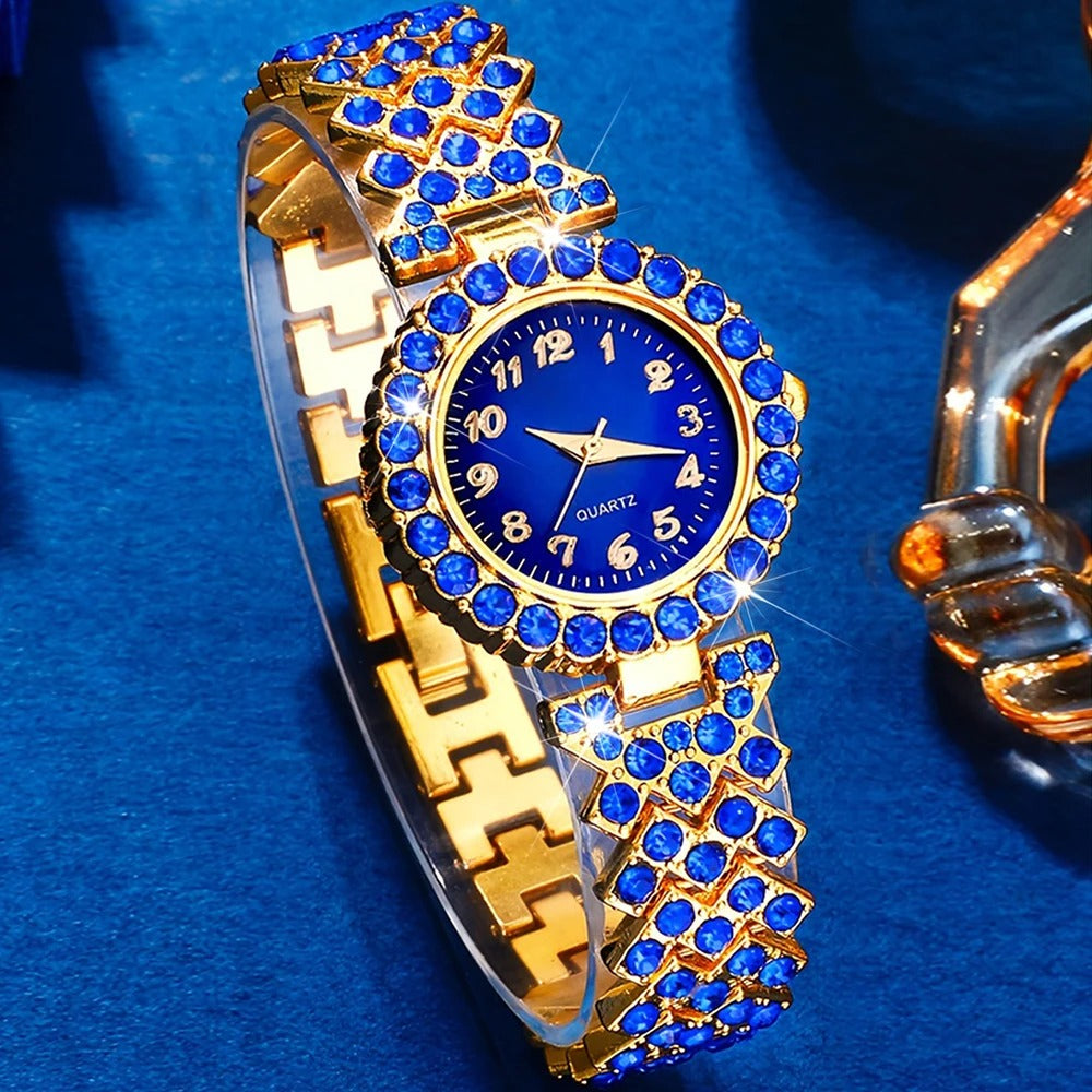 6-teiliges blaues Glitzer Uhren-Schmuckset „Quarzo Con Strass Di Lusso No.6826“ - PITANI