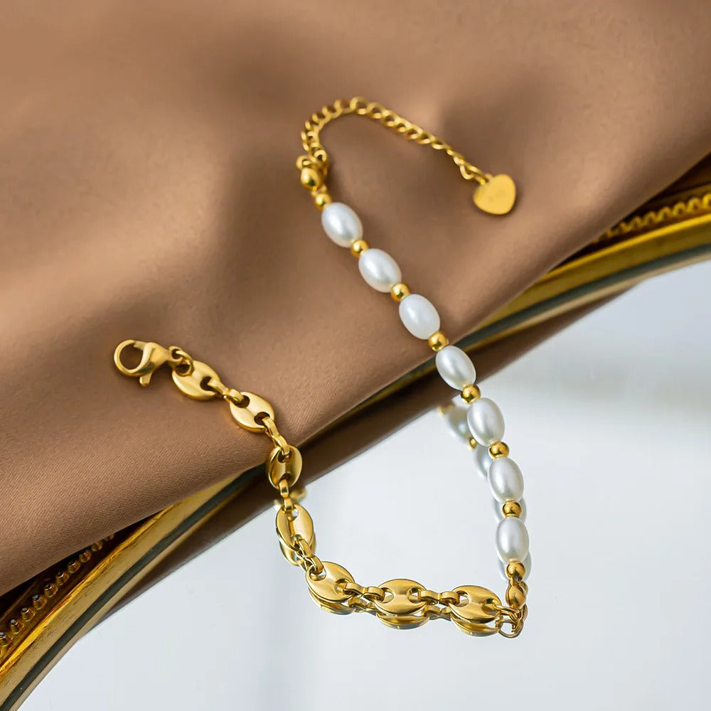 Edelstahl Armband mit Halb Perlen, halb Stahlform "Ciondolo Con Cuciture Di Perle no.5307" - PITANI