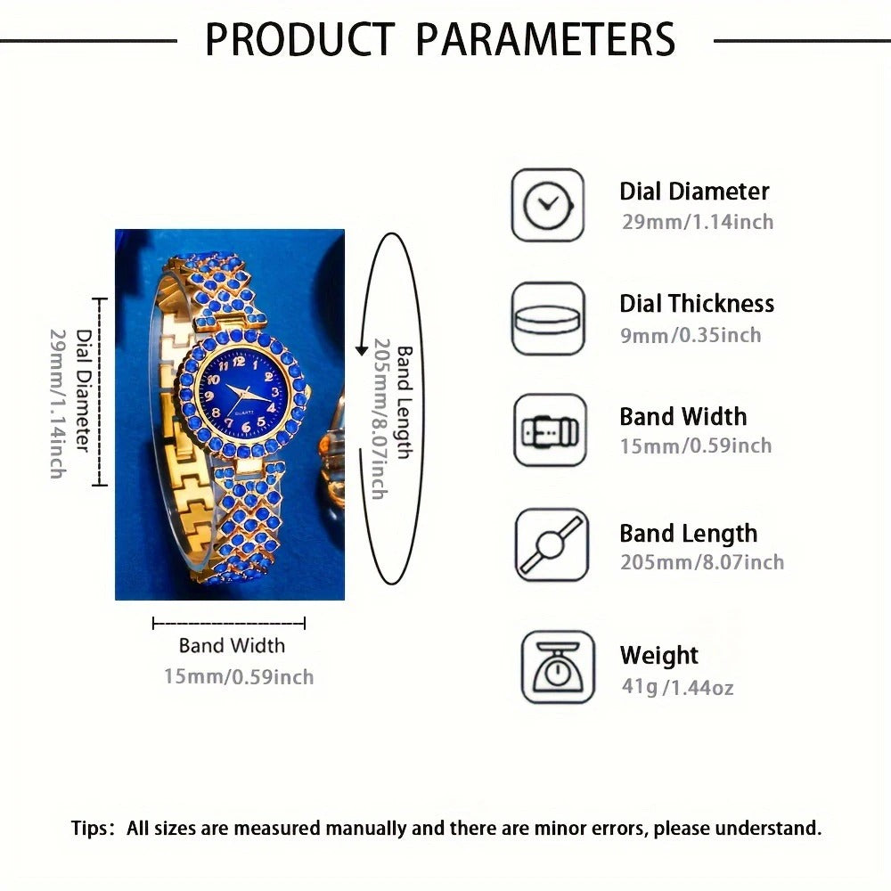 6-teiliges blaues Glitzer Uhren-Schmuckset „Quarzo Con Strass Di Lusso No.6826“ - PITANI