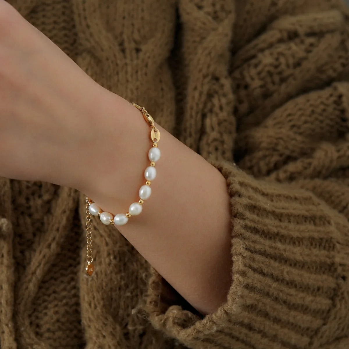 Edelstahl Armband mit Halb Perlen, halb Stahlform "Ciondolo Con Cuciture Di Perle no.5307" - PITANI