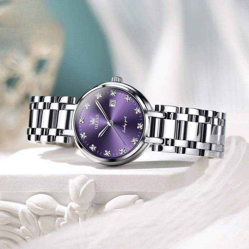 Edelstahl Armbanduhr mit Diamanten/römischen Zahlen "Quarzo Viola Moda no.3179" - PITANI