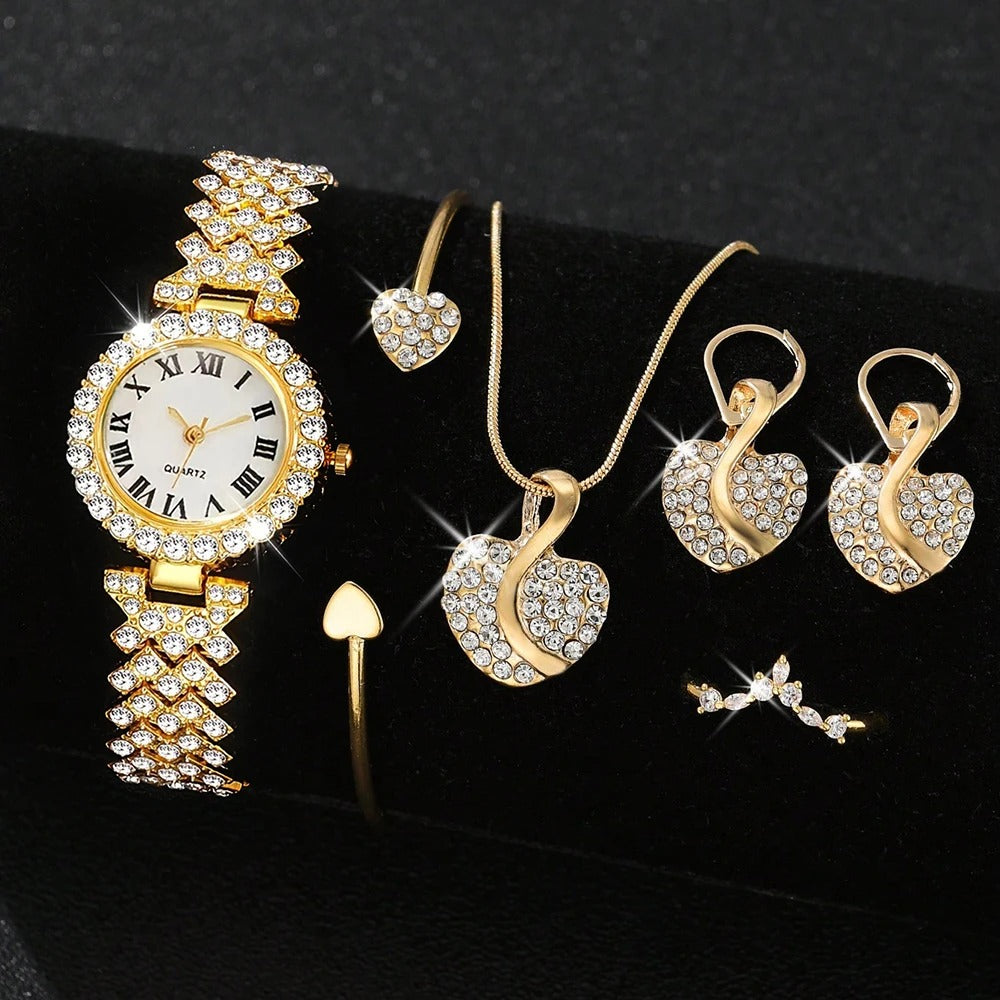 5-teiliges Glitzer Uhren-Schmuckset „Acciaio Diamantato Incastonato No.6794“ - PITANI