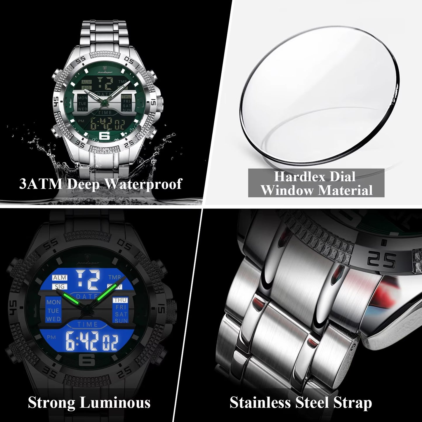 Edelstahl Armbanduhr mit LED Anzeige "Sport Dual Time Display Digitale no.4183" - PITANI