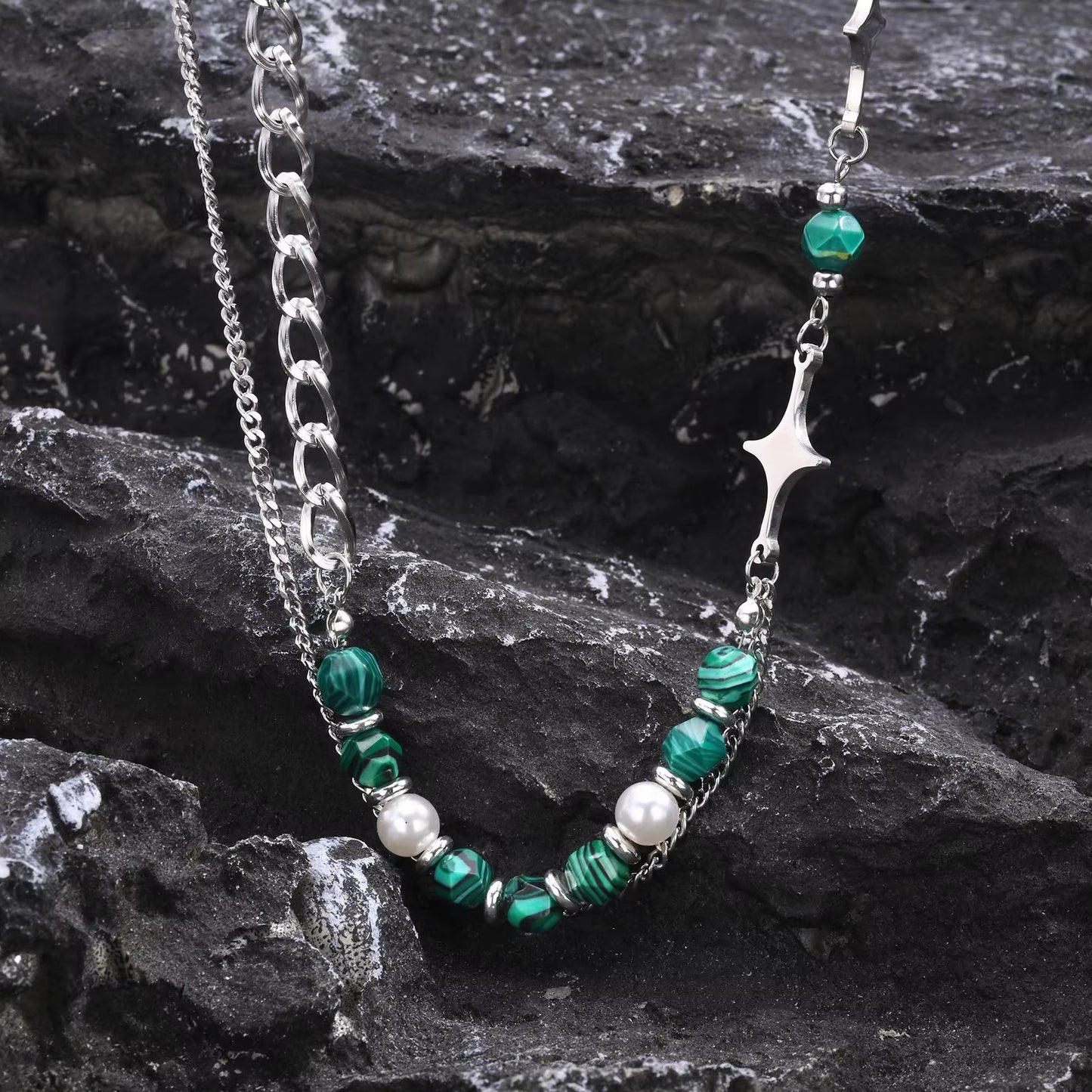 Edelstahl Halskette "Perline di pietra naturale verde no.4247" - PITANI