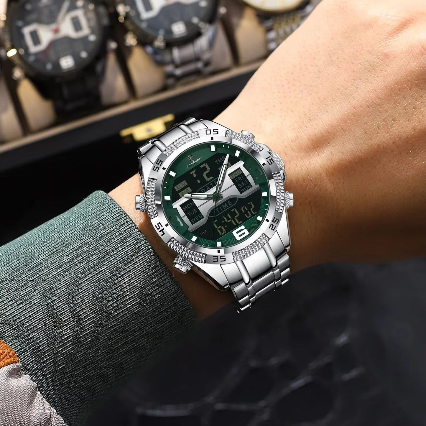 Edelstahl Armbanduhr mit LED Anzeige "Sport Dual Time Display Digitale no.4183" - PITANI