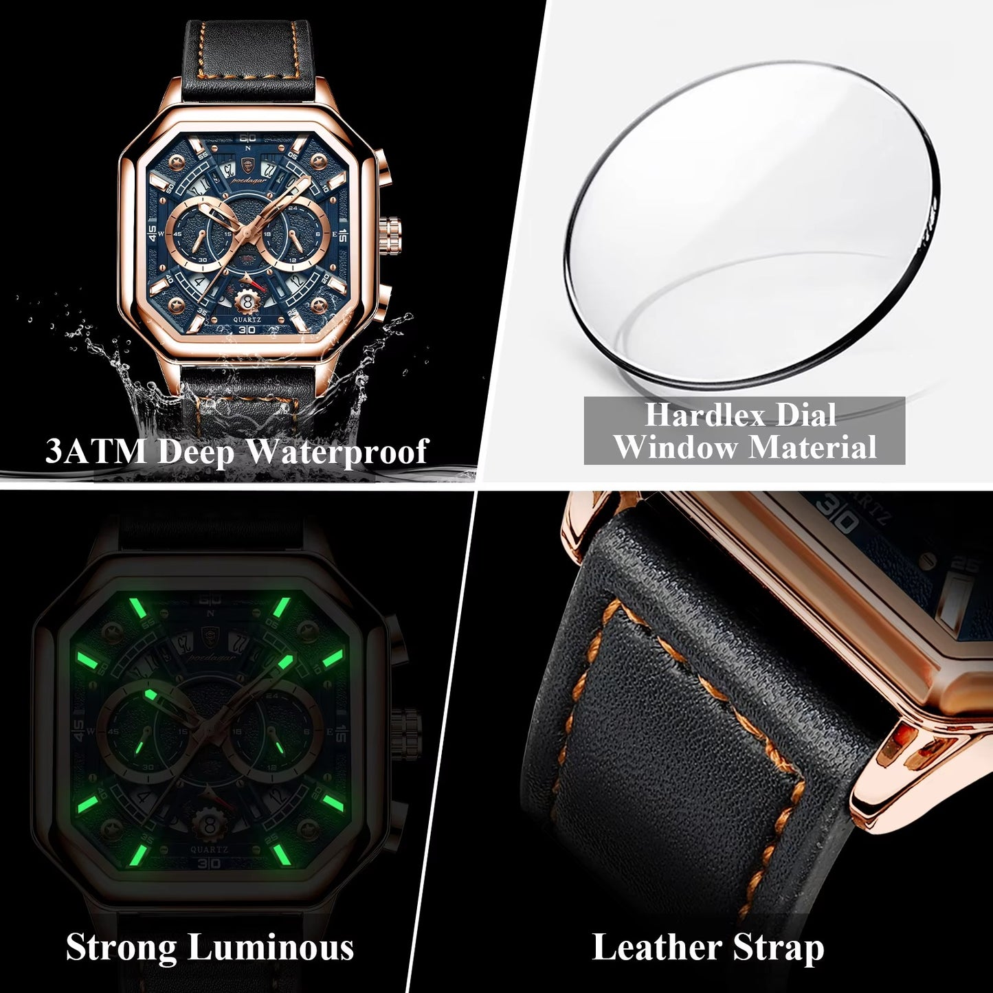 Achteckige Leder Armbanduhr mit außergewöhnlicher Datumsanzeige "Piazza della Moda no.4140" - PITANI