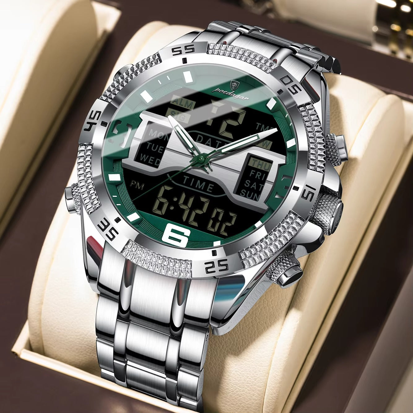 Edelstahl Armbanduhr mit LED Anzeige "Sport Dual Time Display Digitale no.4183" - PITANI