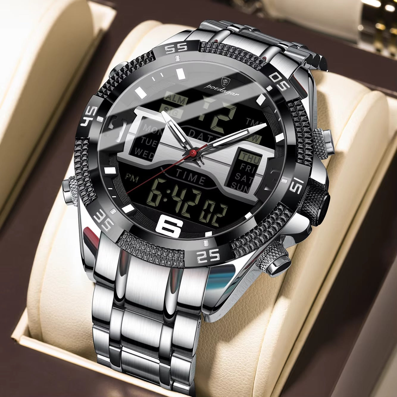 Edelstahl Armbanduhr mit LED Anzeige "Sport Dual Time Display Digitale no.4183" - PITANI