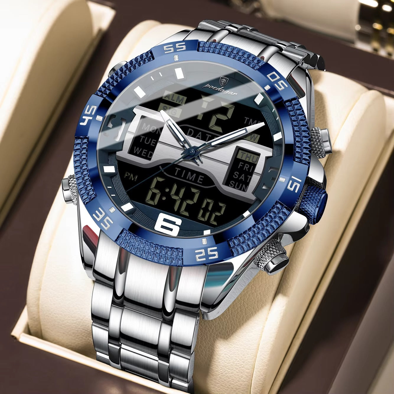 Edelstahl Armbanduhr mit LED Anzeige "Sport Dual Time Display Digitale no.4183" - PITANI
