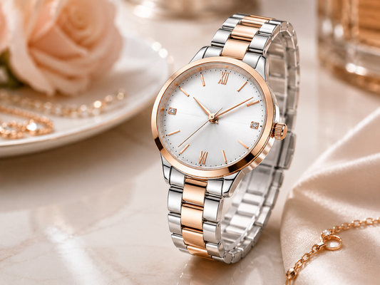 damen-armbanduhr-edelstahl-quarz-elegant-silber-rosegold