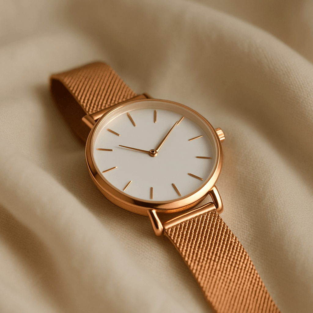 Roségoldene Damenarmbanduhr mit weißem Zifferblatt auf hellem Stoff, stilvoll präsentiert