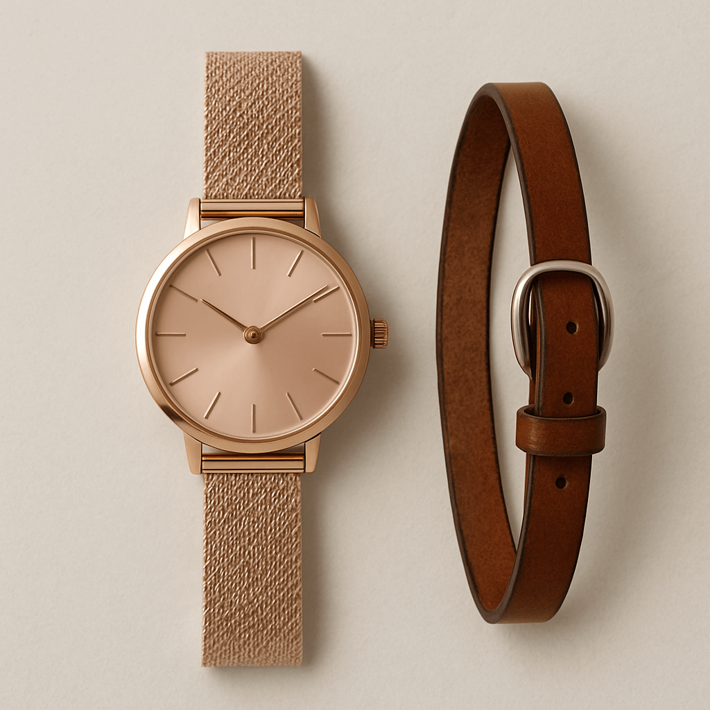 Stilvolle Damenarmbanduhr in Roségold neben einem eleganten Lederarmband auf hellem Untergrund