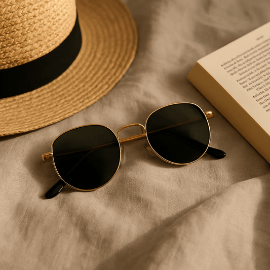 Stilvolle Sonnenbrille mit goldener Fassung auf Leinentuch, daneben Sonnenhut und Buch