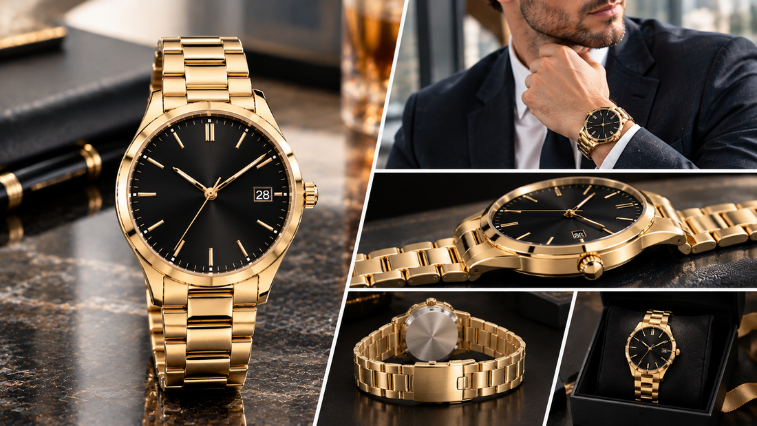 herren-armbanduhr-goldfarbenes-gehaeuse-schwarzes-zifferblatt-klassisch