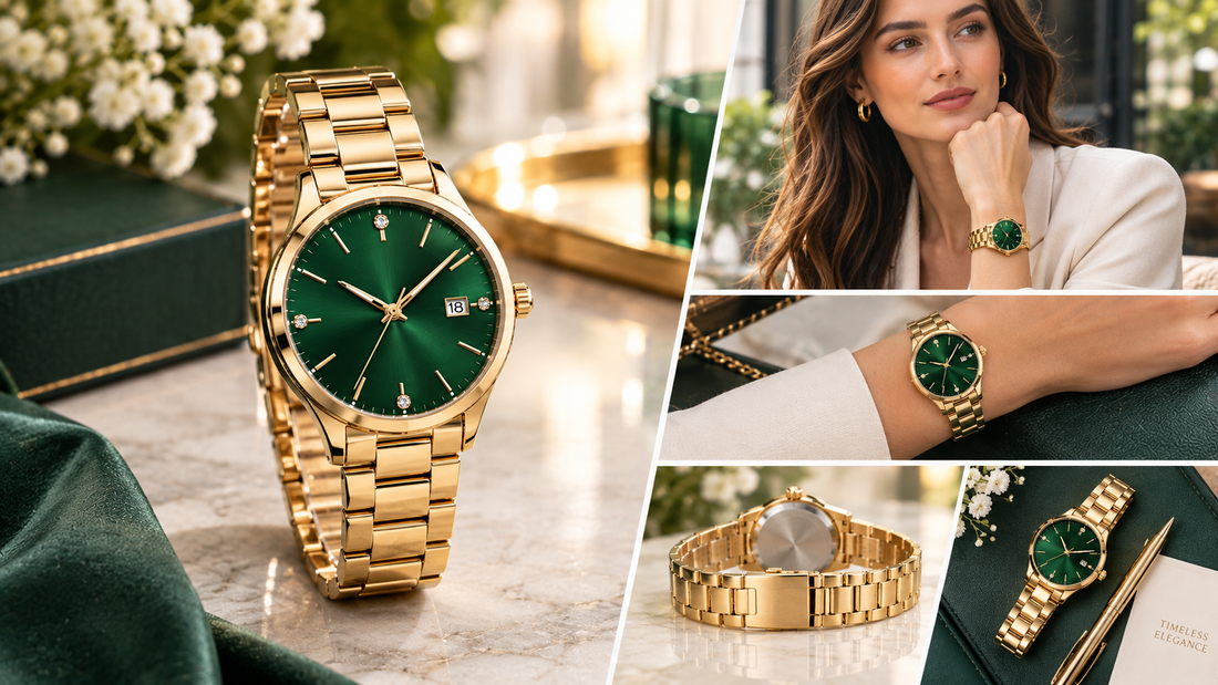 Dateiname: damen-armbanduhr-gruenes-zifferblatt-goldfarbenes-edelstahlarmband