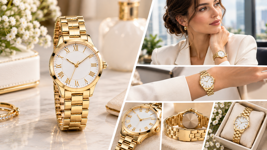 damen-klassische-uhr-roemische-ziffern-weiss-goldfarben
