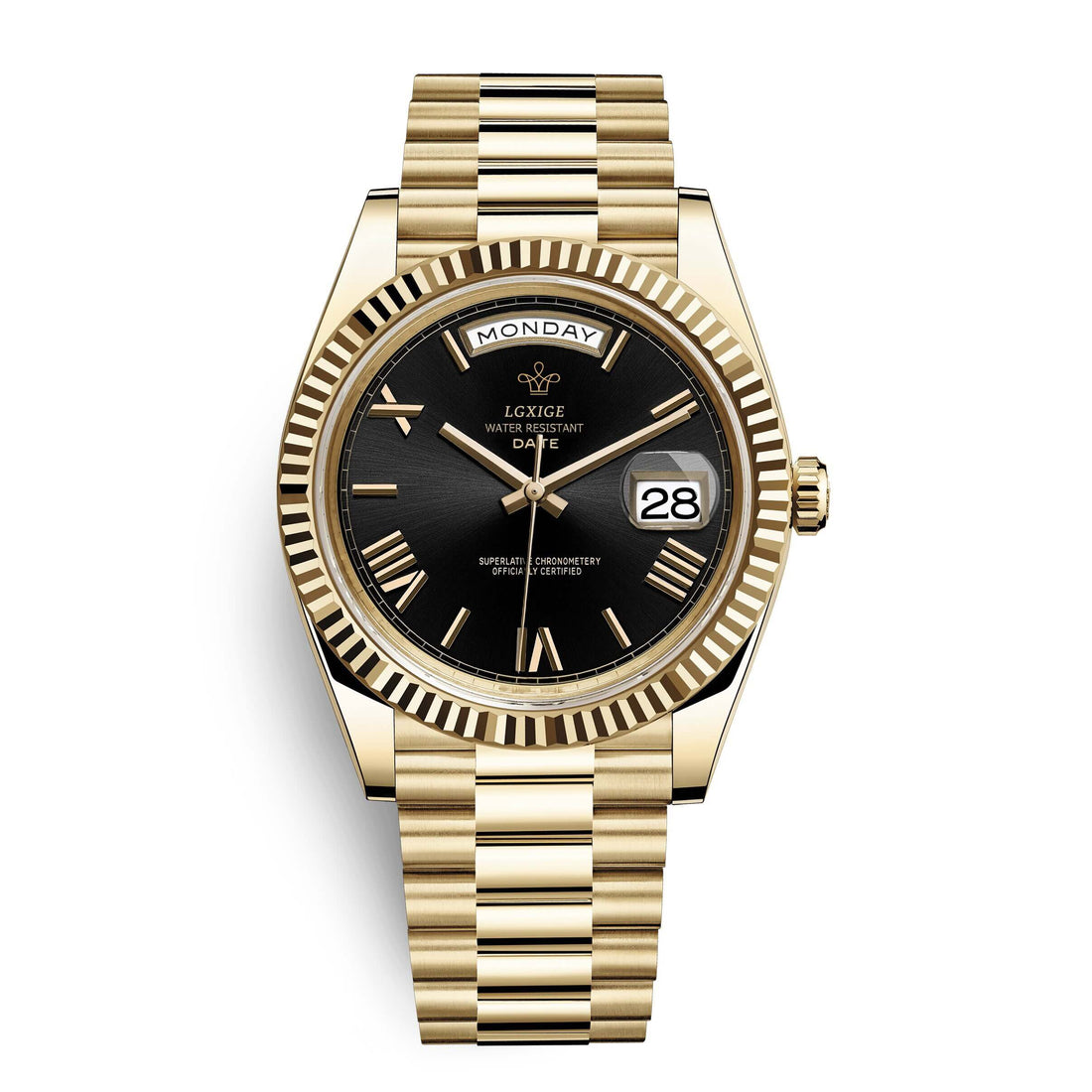 Goldene Herrenarmbanduhr mit schwarzem Zifferblatt