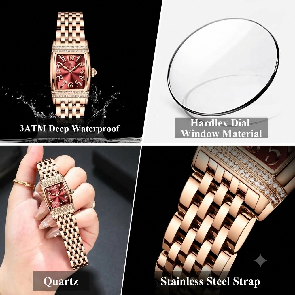 Elegante Damen Quarzarmbanduhr im Tonneau-Design mit Strassbesatz – Wasserdichte Schmuckuhr Armbanduhr no.3284 - PITANI