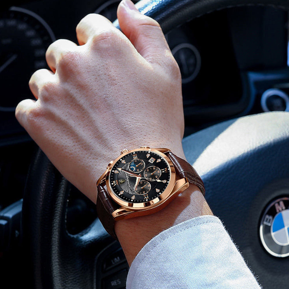 Leder Herren Quarz-Armbanduhr im Chronograph-Look – Elegante Herrenuhr Armbanduhr – no. 5395 - PITANI