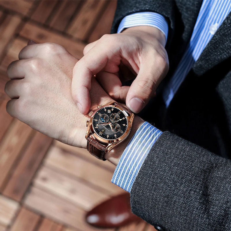 Leder Herren Quarz-Armbanduhr im Chronograph-Look – Elegante Herrenuhr Armbanduhr – no. 5395 - PITANI