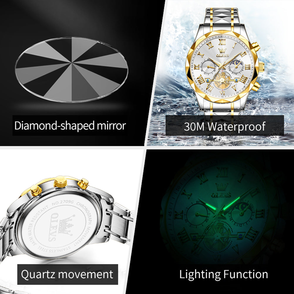 Moderne Herrenuhr mit Chronograph und Edelstahlarmband – Mondphasenanzeige Armbanduhr – no. 5339 - PITANI