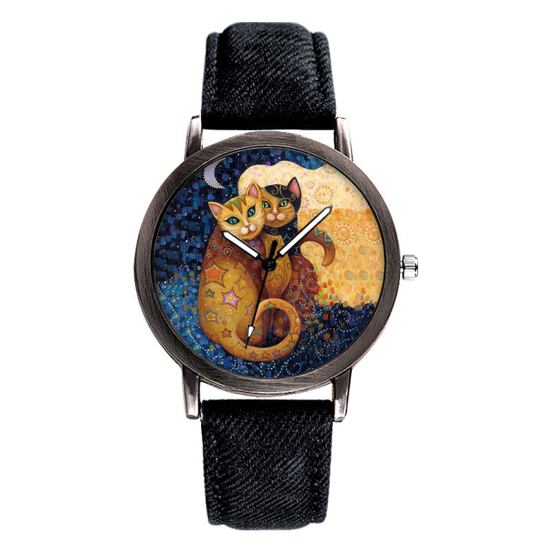 Modische Damen Quarzuhr mit Katzenmuster-Zifferblatt – Retro-Armbanduhr no.3293 - PITANI