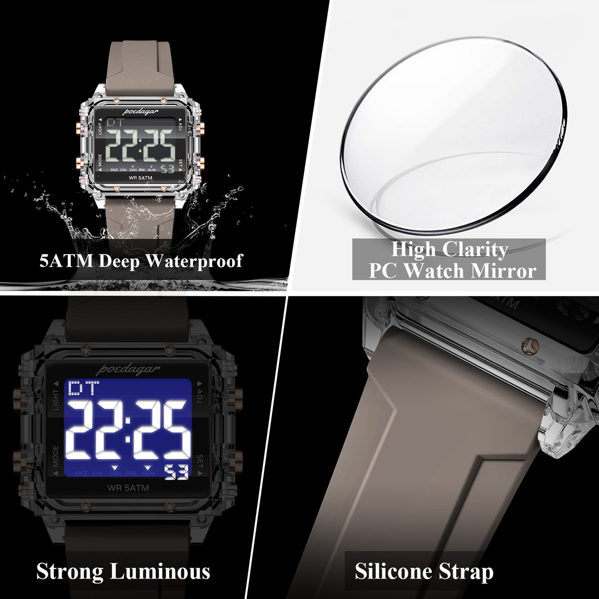 Einfache-Digitaluhr für Herren – Rechteckige Multifunktionsuhr Armbanduhr – no. 5329 - PITANI