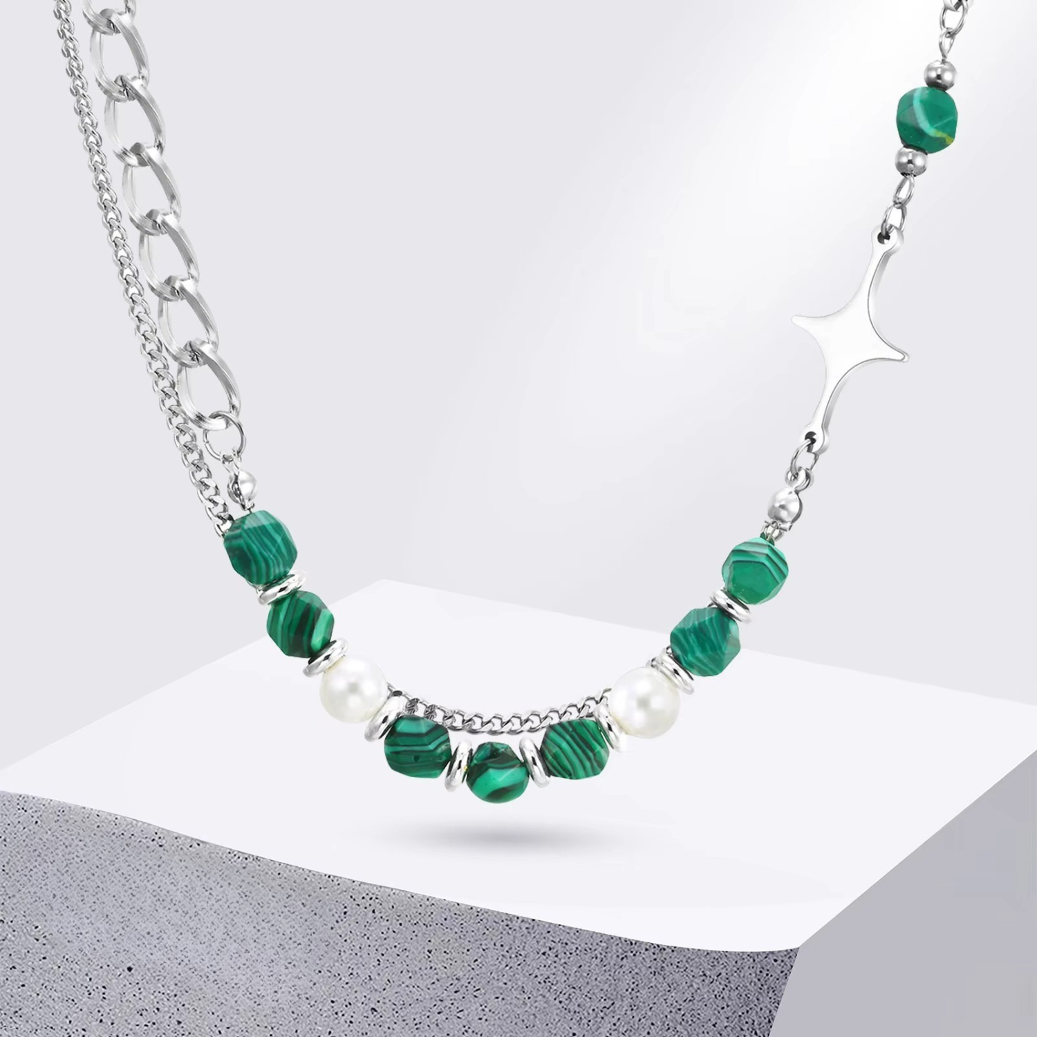 Edelstahl Halskette "Perline di pietra naturale verde no.4247" - PITANI