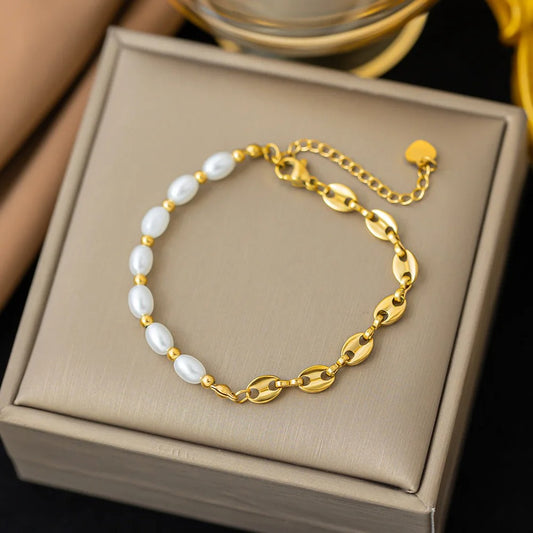 Edelstahl Armband mit Halb Perlen, halb Stahlform "Ciondolo Con Cuciture Di Perle no.5307" - PITANI