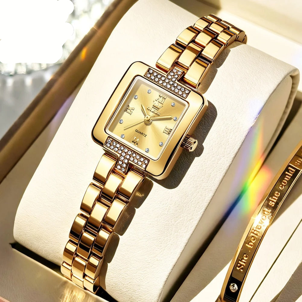 Elegante Eckige Damen Quarzarmbanduhr mit Strassbesatz – Wasserdichte Armbanduhr no.3276 - PITANI