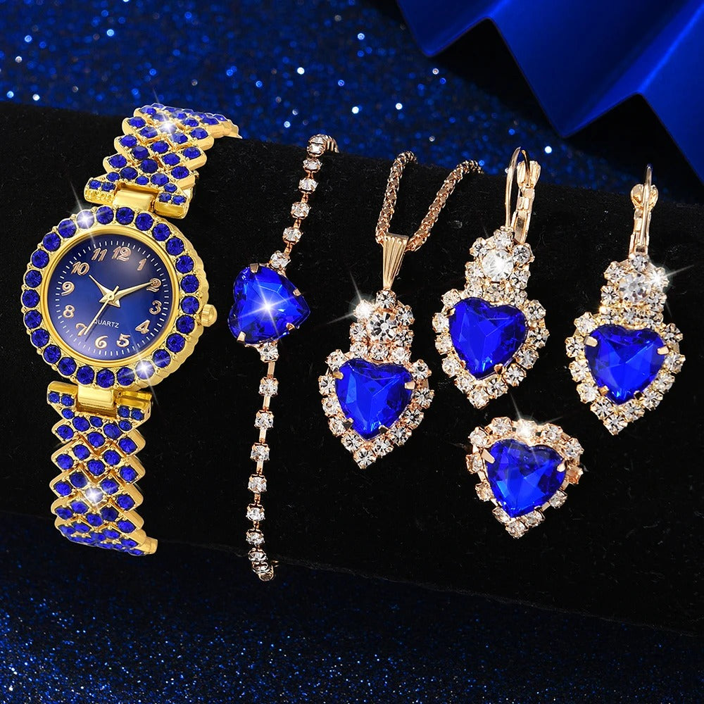 6-teiliges blaues Glitzer Uhren-Schmuckset „Quarzo Con Strass Di Lusso No.6826“ - PITANI