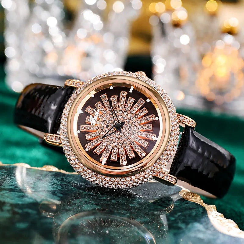 Leder Glitzer Armbanduhr mit rotierendem Ziffernblatt "Orologio Impermeabile Autentico no.3092" - PITANI