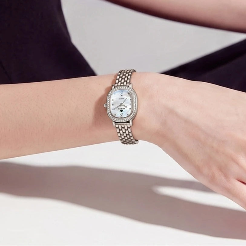 Elegante Ovale Damen Quarzarmbanduhr mit Strassbesatz – Wasserdichte Schmuckuhr Armbanduhr no.3279 - PITANI