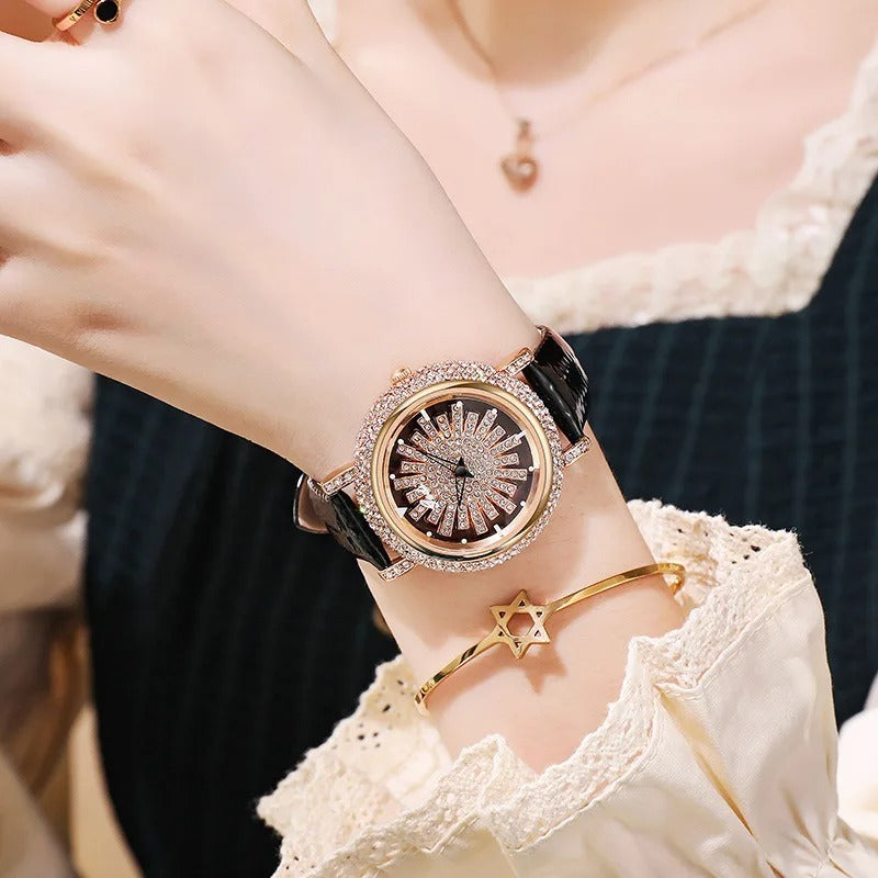 Leder Glitzer Armbanduhr mit rotierendem Ziffernblatt "Orologio Impermeabile Autentico no.3092" - PITANI