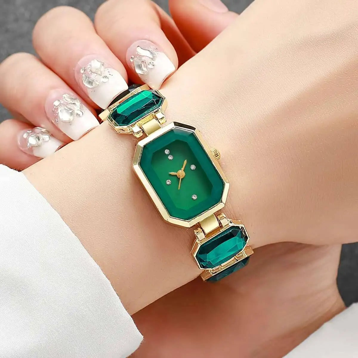 Edelstahl Armbanduhr mit smaragdähnlichen Gliedern "Orologi Da Donna Eleganti no.3152" - PITANI