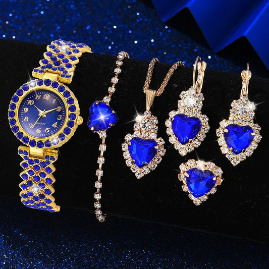6-teiliges blaues Glitzer Uhren-Schmuckset „Quarzo Con Strass Di Lusso No.6826“ - PITANI