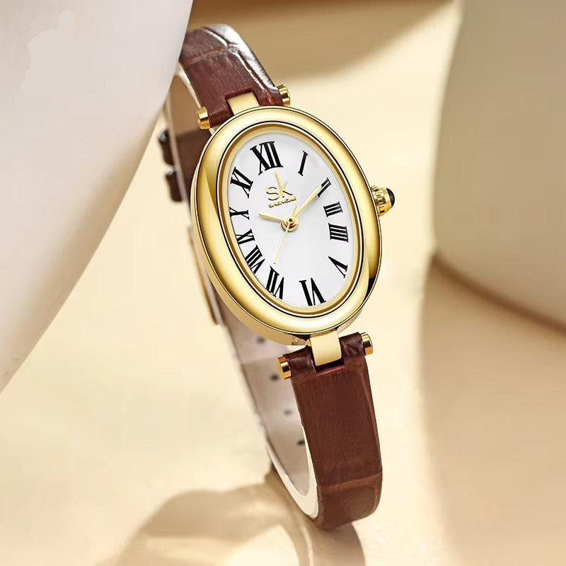 Oval moderne Leder Armbanduhr mit römischen Zahlen "Quarzo da donna no.3225“ - PITANI