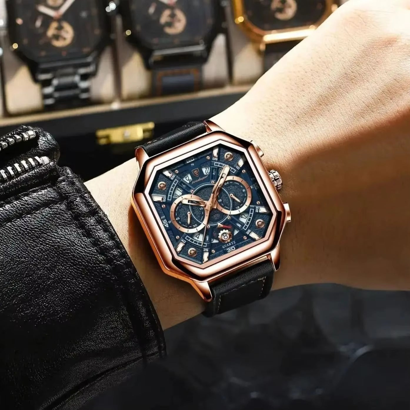 Achteckige Leder Armbanduhr mit außergewöhnlicher Datumsanzeige "Piazza della Moda no.4140" - PITANI