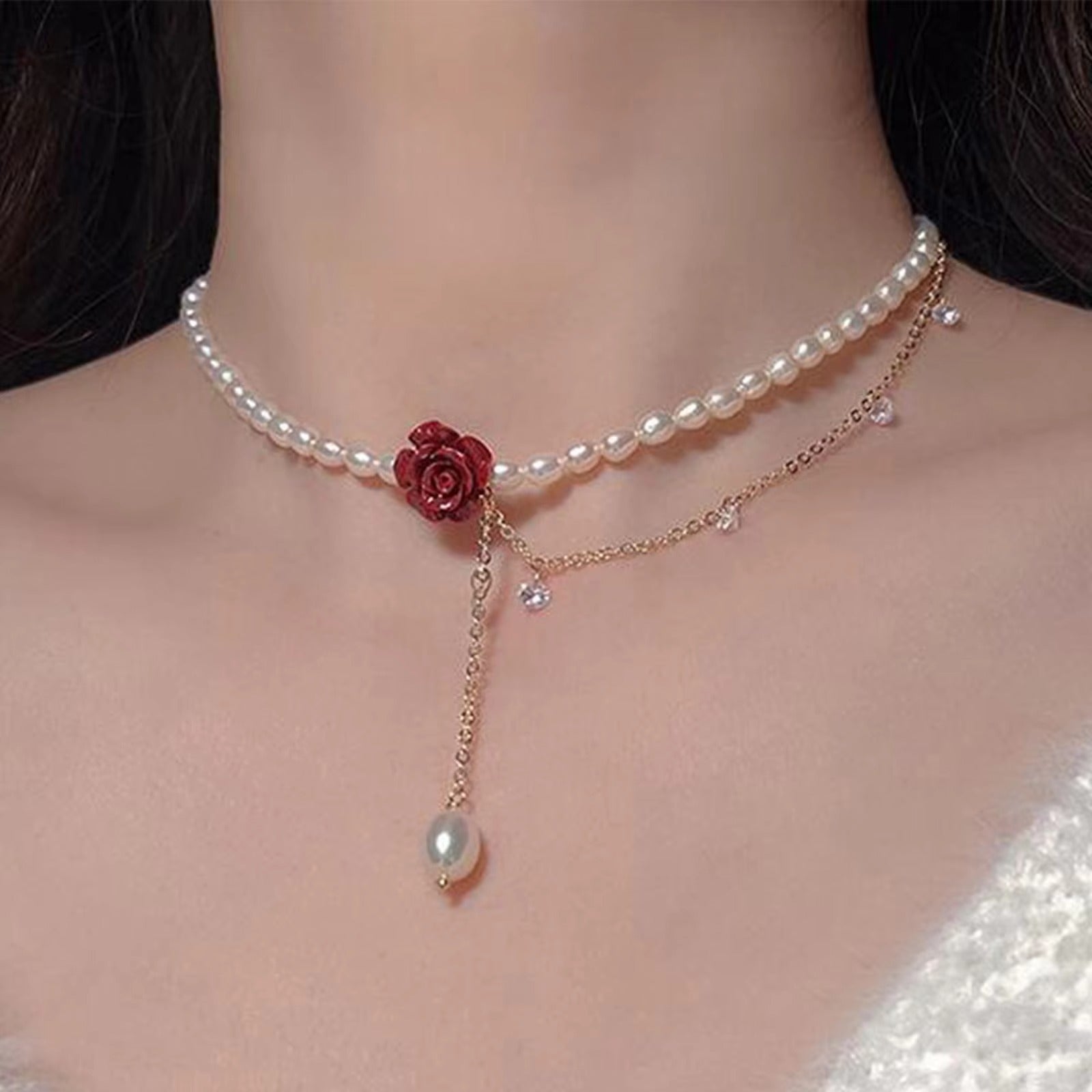 Perlen Halskette ewige Liebes Rose "Grazioso ciondolo a forma di fiore di rosa rossa no.4225" - PITANI