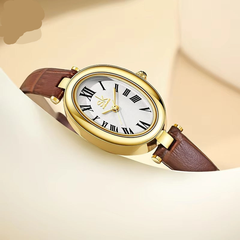 Oval moderne Leder Armbanduhr mit römischen Zahlen "Quarzo da donna no.3225“ - PITANI