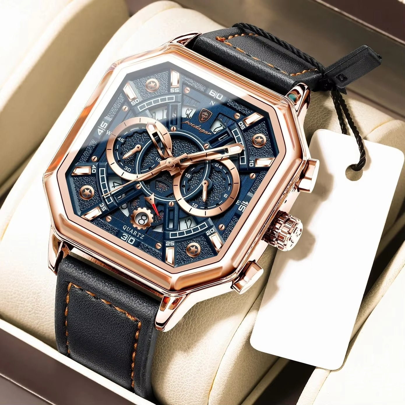 Achteckige Leder Armbanduhr mit außergewöhnlicher Datumsanzeige "Piazza della Moda no.4140" - PITANI