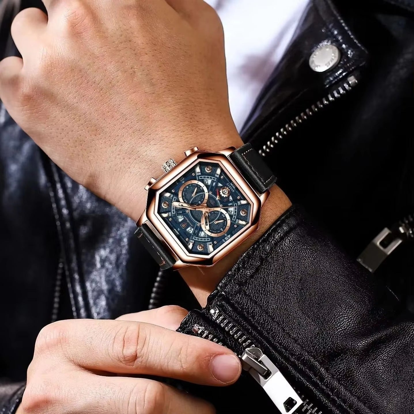 Achteckige Leder Armbanduhr mit außergewöhnlicher Datumsanzeige "Piazza della Moda no.4140" - PITANI