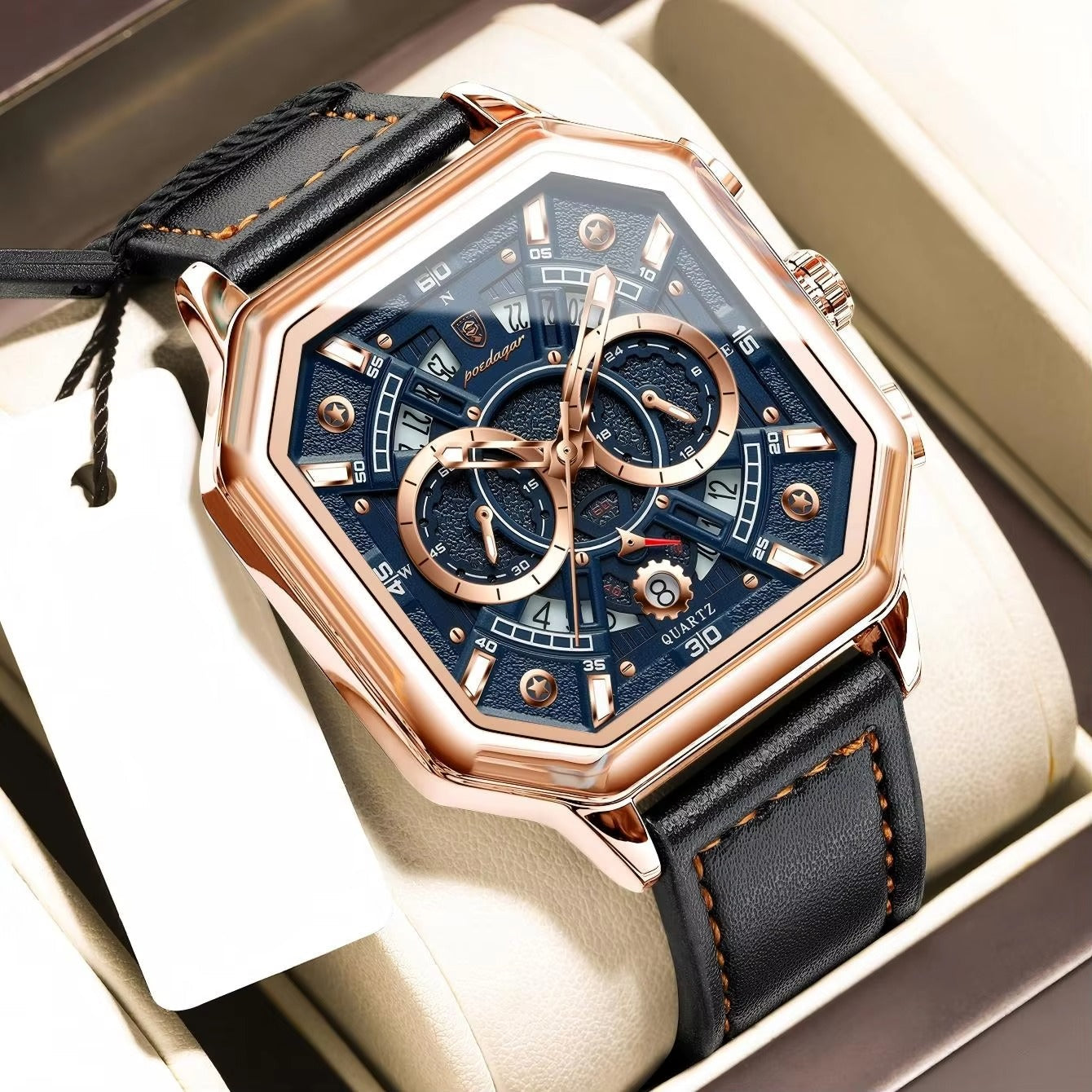 Achteckige Leder Armbanduhr mit außergewöhnlicher Datumsanzeige "Piazza della Moda no.4140" - PITANI