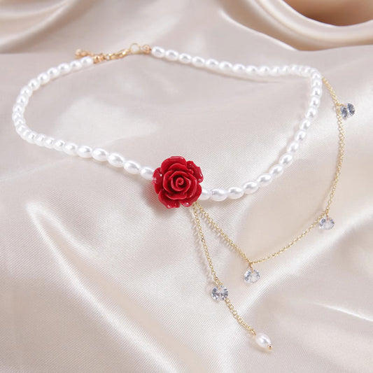 Perlen Halskette ewige Liebes Rose "Grazioso ciondolo a forma di fiore di rosa rossa no.4225" - PITANI